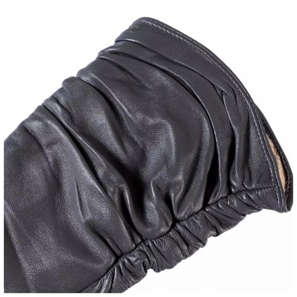 Gray Leather Ruched Cashmere Lined Gloves - Picture 6 of 7